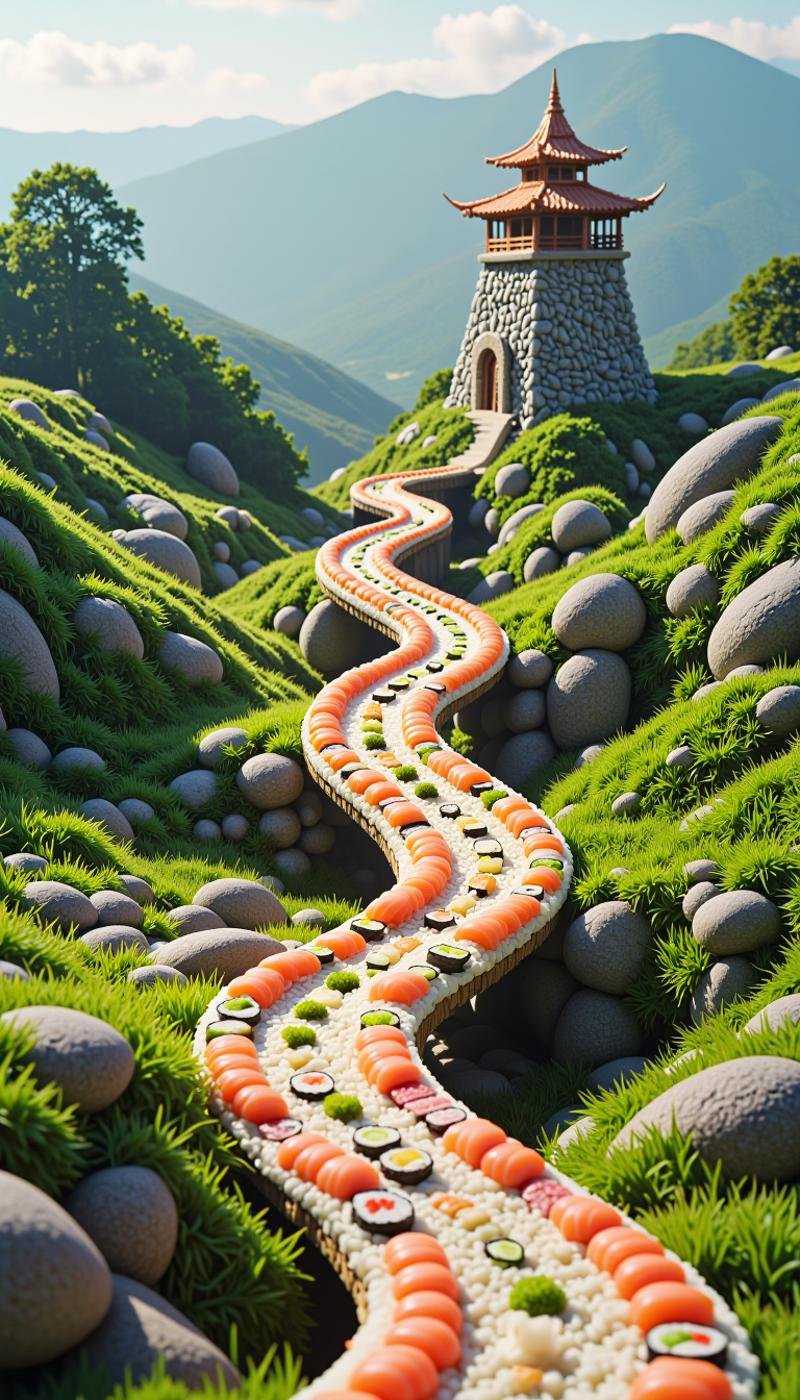 <lora:SushiStyleFlux:1>Made out of sushi, a SushiStyle Plana Bridge under transition from the Bulgarian wilderness towards Sofiya centre, in radioactive wasteland