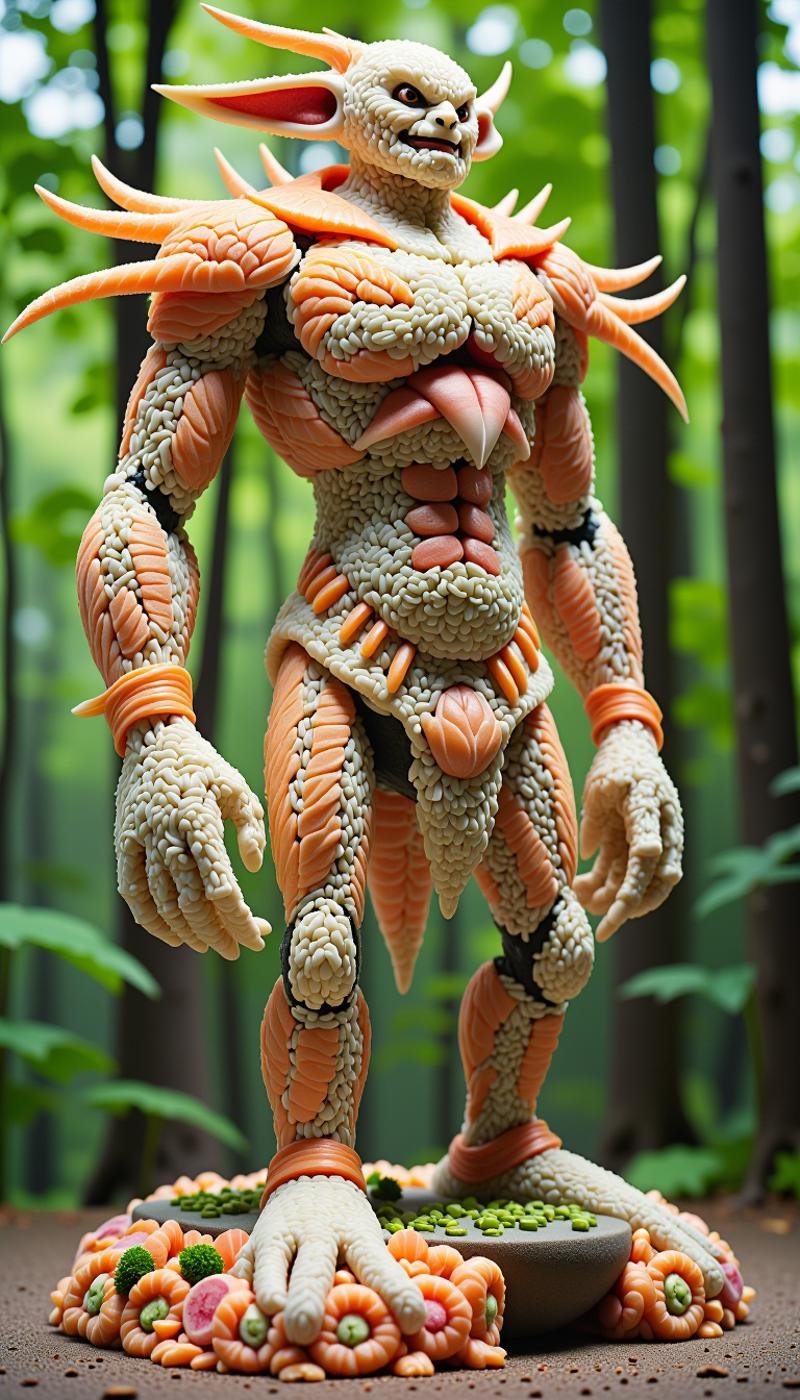 <lora:SushiStyleFlux:1>Made out of sushi, a SushiStyle mischievous forest goblin, in colossal statue