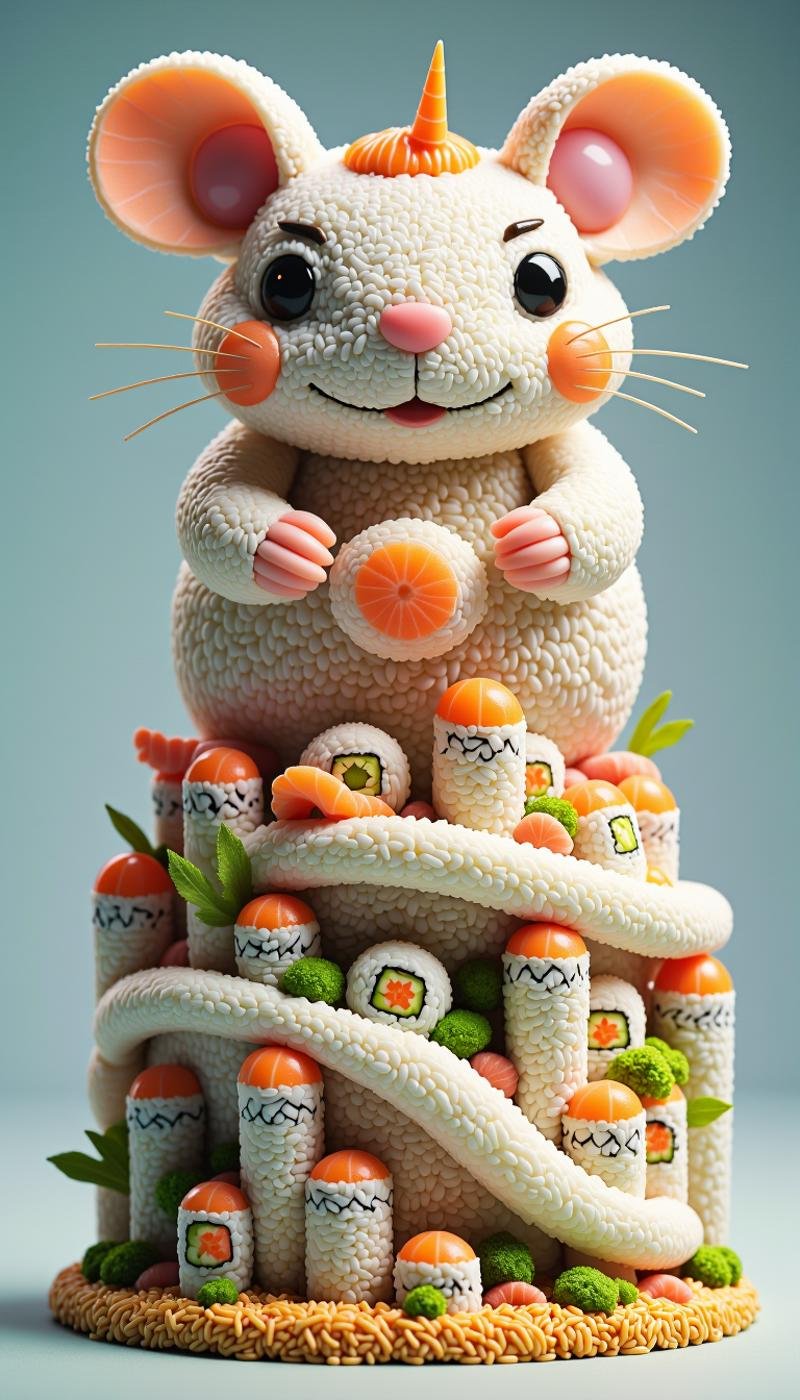 <lora:SushiStyleFlux:1>Made out of sushi, a SushiStyle hamster, in ethereal castle