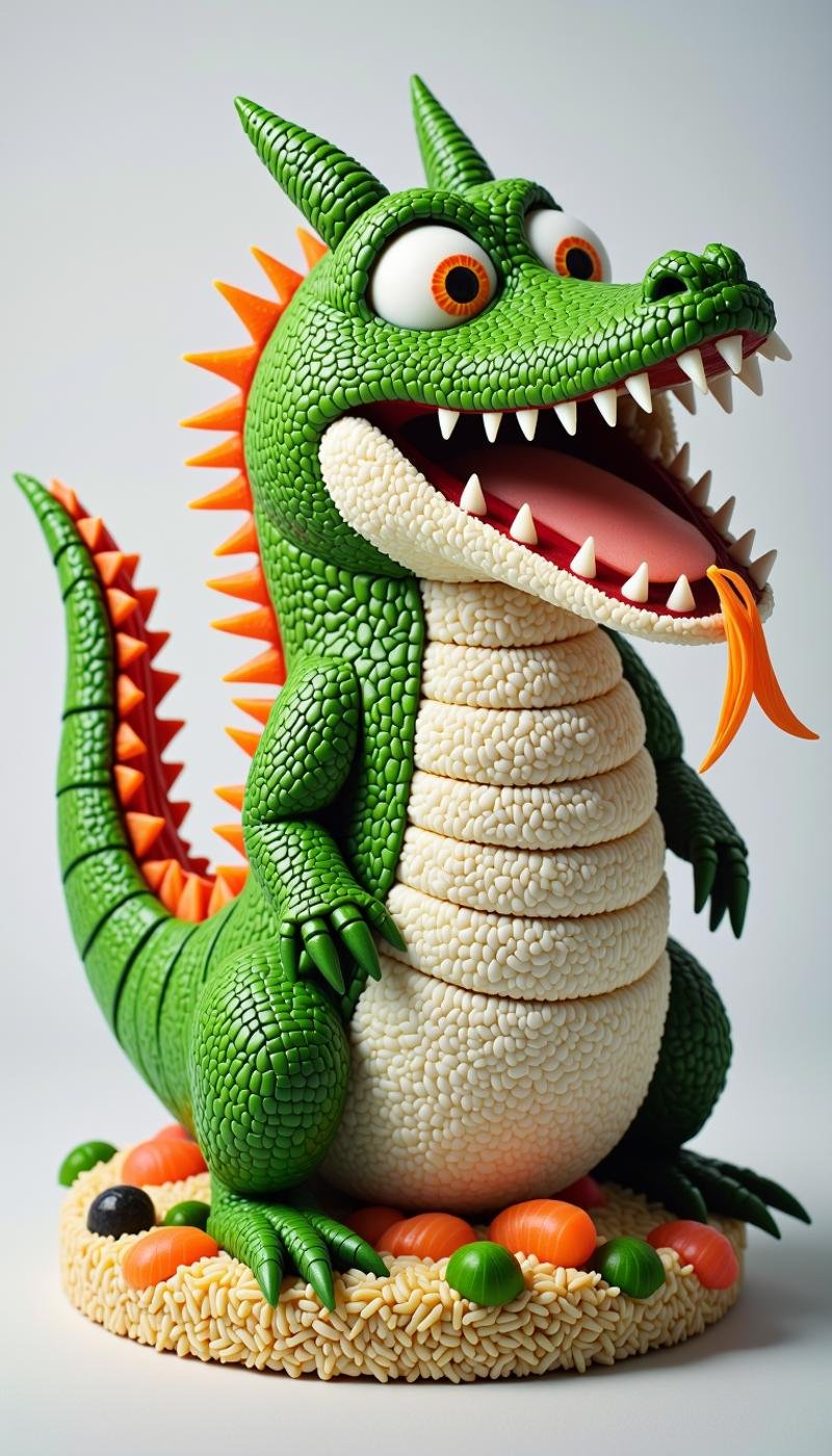 <lora:SushiStyleFlux:1>Made out of sushi, a SushiStyle crocodile, papercraft, crumpled paper