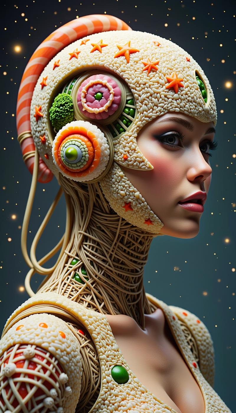 <lora:SushiStyleFlux:1>Made out of sushi, a SushiStyle Portrait of Megan Fox wearing epic bionic cyborg implants of different vibrant colors, detailed intricate ornate cables connected to head, portrait front face reference, by Dan Mumford and Naoto Hattori, extremely beautiful and proportionate, masterpiece, intricate, highly detailed, digital painting, Blade Runner, artstation, concept art, crepuscular rays, smooth, sharp focus, illustration, background made from fractals of vibrant universe stars, cyberpunk colors, volumetric lighting, art by artgerm and james jean and Nick Sullo, in asteroid field