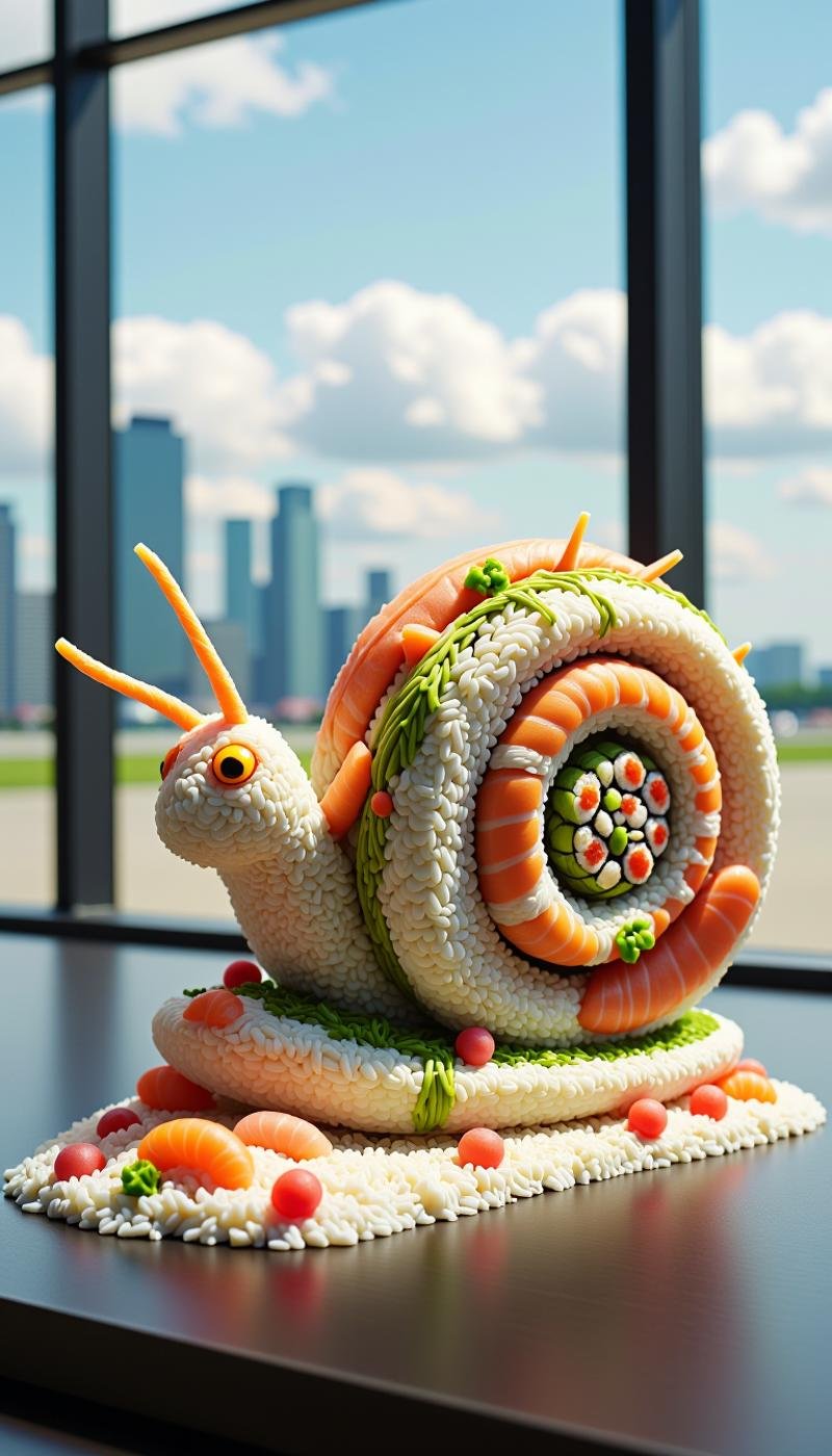 <lora:SushiStyleFlux:1>Made out of sushi, a SushiStyle snail, in airport