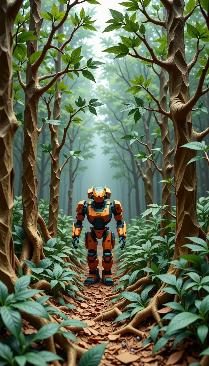 <lora:PaperStyleFlux:0.75>Made out of paper, a PaperStyle mech-hunters camouflaged amongst artificially intelligent leaves in a gadget-infested forest, papercraft, crumpled paper