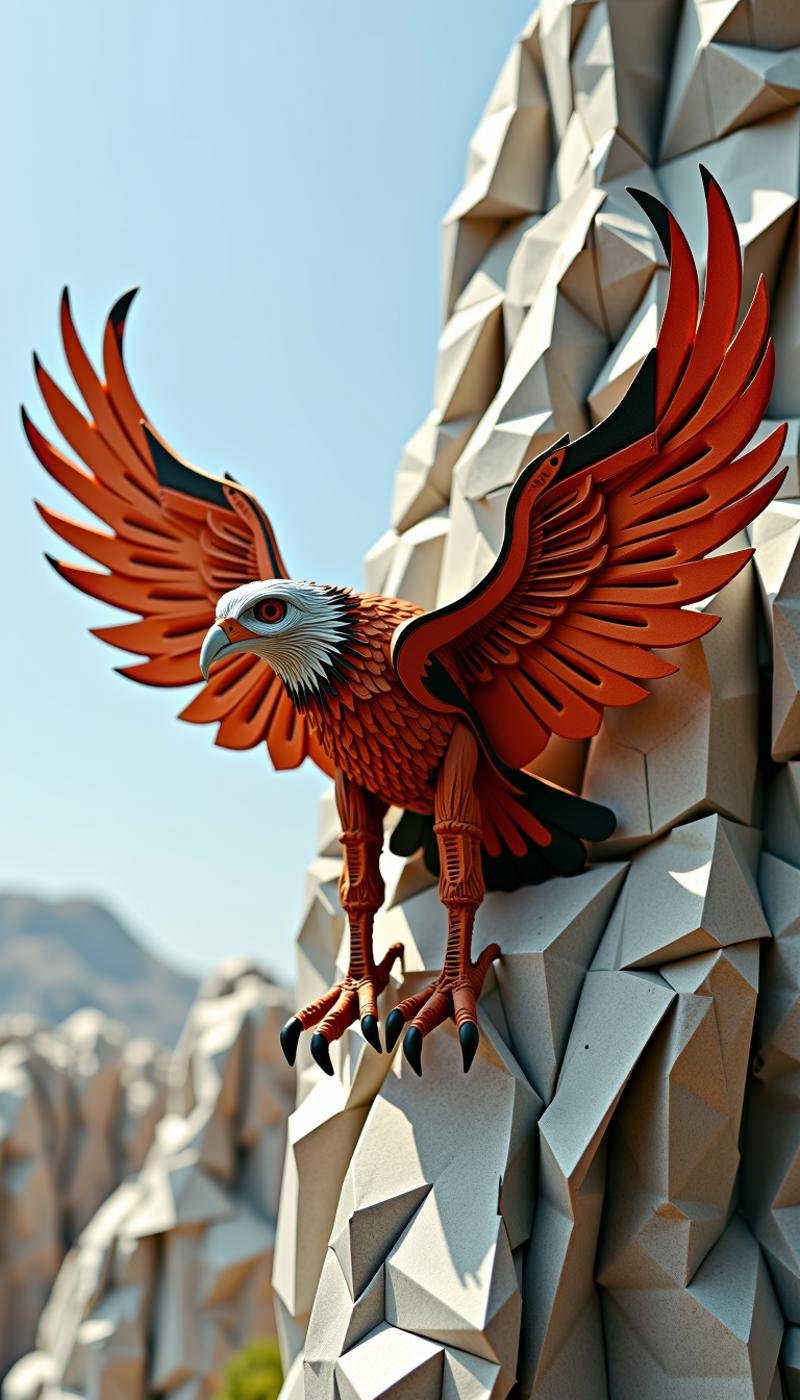 <lora:PaperStyleFlux:0.75>Made out of paper, a PaperStyle a mechanical spy eagle launching from a cliffside hangar, papercraft, crumpled paper