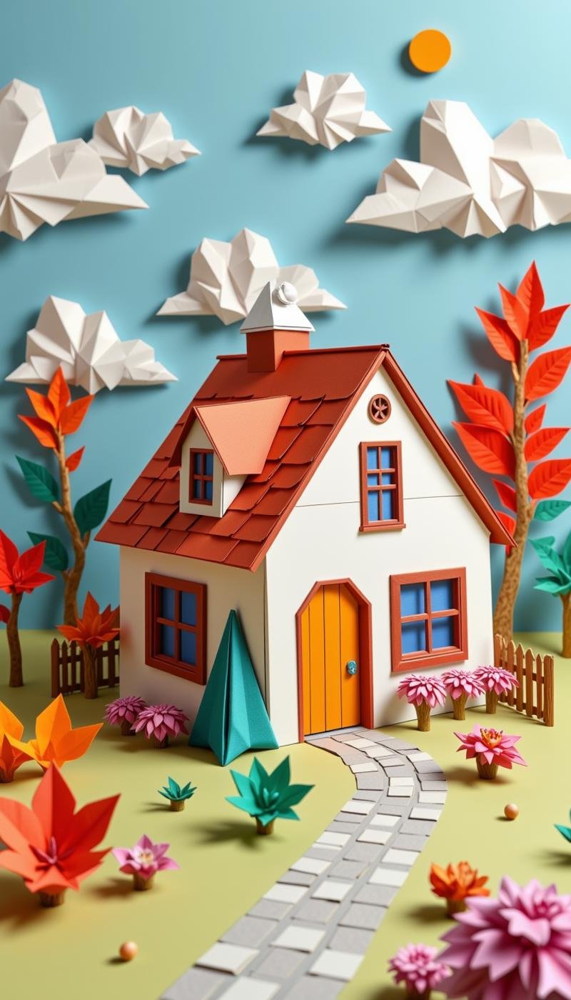 <lora:PaperStyleFlux:1>Made out of paper and origami, a PaperStyle house