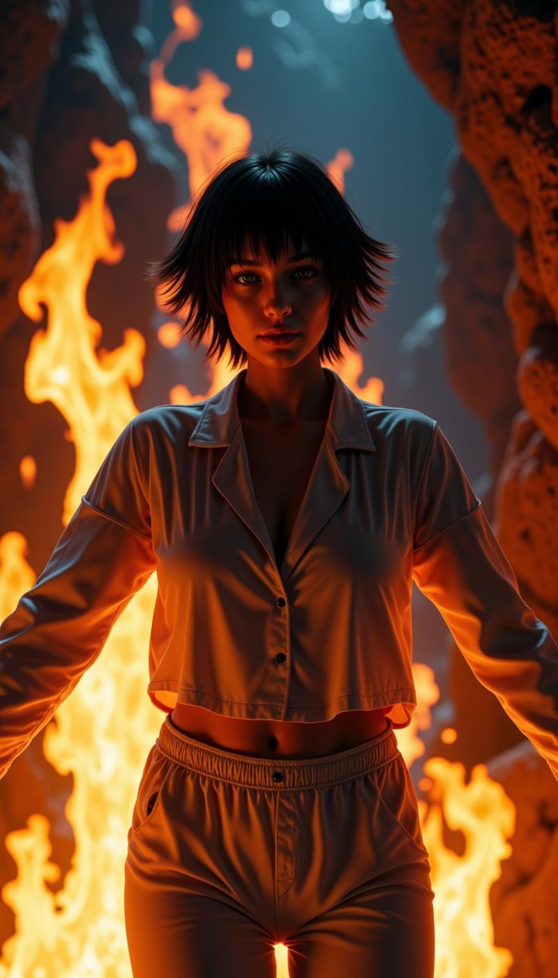 A hyper realistic photorealistic professional photography of a stern 30 year old c45u4l4de woman. She is in a bioluminescent cave background. medium shot Standing tall, arms spread wide, with flames engulfing the body..She has black messy short and wide hair, and her left eye is (green:0.4) while her right eye is (orange:0.4) as she has heterochromia and heterochromic eyes. She is happy. (She also has a slight faded scar going across her nose.:0.3). She is wearing pajamas clothes.She is in a temporal vortex background.