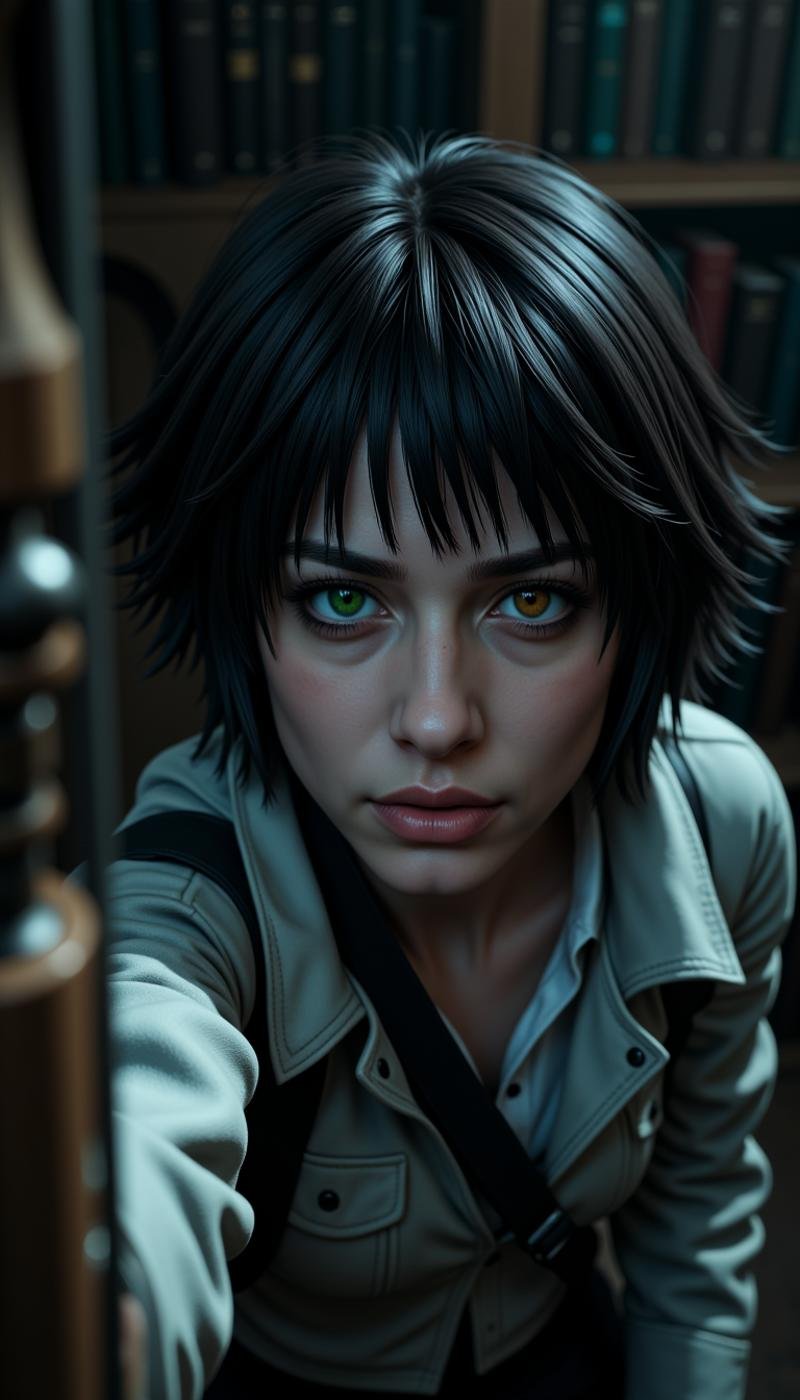 A hyper realistic photorealistic professional photography of a serious 30 year old c45u4l4de woman. She is in a haunted library background. from above Aiming a bow and arrow at the target.She has black messy short and wide hair, and her left eye is (green:0.4) while her right eye is (orange:0.4) as she has heterochromia and heterochromic eyes. She is doing a jealous expression. (She also has a slight faded scar going across her nose.:0.3). She is wearing baggy clothes.She is in a marsh background.