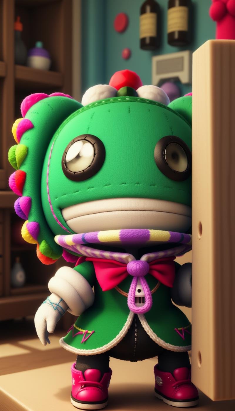 <lora:SackboyCharacterFlux:1> sackbaby Cosmo from The Fairly OddParents, smiling expression, woven, stitches, stitching, in a pose: ar interaction, character gestures with one hand in front of them, as if manipulating augmented reality objects, in location Coffin