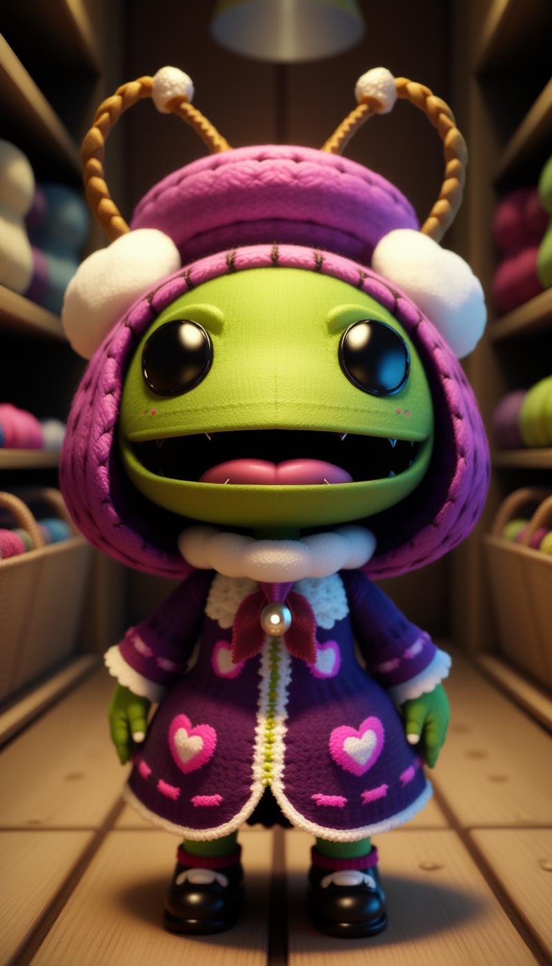 <lora:SackboyCharacterFlux:1> sackgirl Mantis from Kung Fu Panda, open mouth expression, woven, stitches, stitching, in a pose: Haunted: A face with a distressing unsettling quality as if plagued by ghosts., in location shop