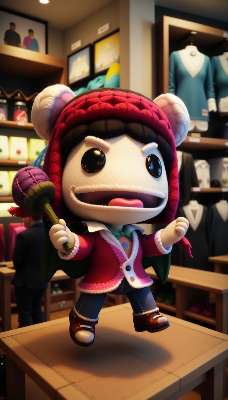 <lora:SackboyCharacterFlux:1> sackgirl Westley from The Princess Bride, open mouth expression, woven, stitches, stitching, in a pose: Leaping into the air with legs extended., in location sports memorabilia shop, Jerseys, trading cards, and autographed items