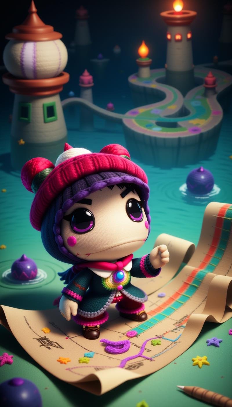 <lora:SackboyCharacterFlux:1> sackgirl Kyle Broflovski from South Park, cute face expression, woven, stitches, stitching, in a pose: immersed in an intricate magical map, navigating its arcane paths, in location aether sea