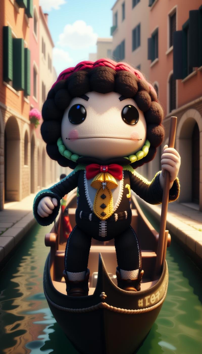 <lora:SackboyCharacterFlux:1> sackbaby Spike Spiegel from Cowboy Bebop, smiling expression, woven, stitches, stitching, in a pose: Reading Minds with Magic, in location venice, gondola ride