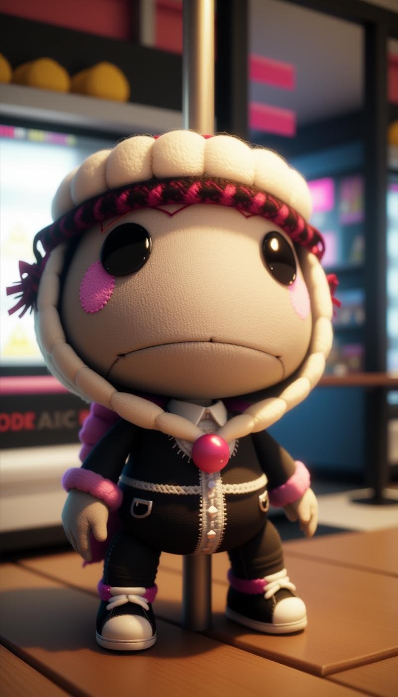 <lora:SackboyCharacterFlux:1> sackbaby Lenni from Watch Dogs 2, scared expression, woven, stitches, stitching, in a pose: Pole Dance, in location snack bar, a counter serving up popcorn, pretzels, and soda for hungry shoppers