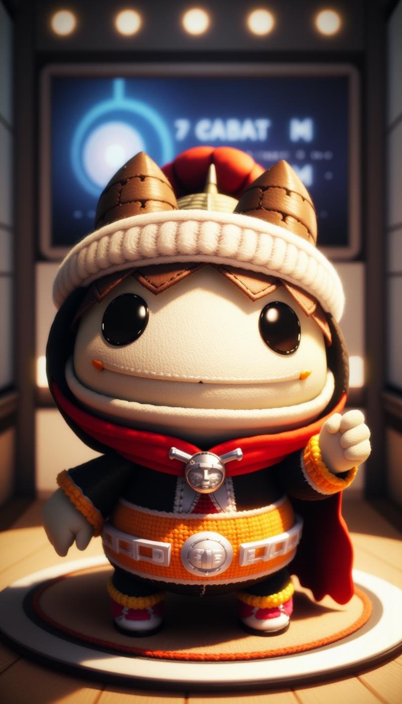 <lora:SackboyCharacterFlux:1> sackbaby BB-8 from Star Wars, smiling expression, woven, stitches, stitching, in a pose: Posing with a cape billowing in the wind, in location A VR news studio, broadcasting the latest events in a 360-degree immersive format.