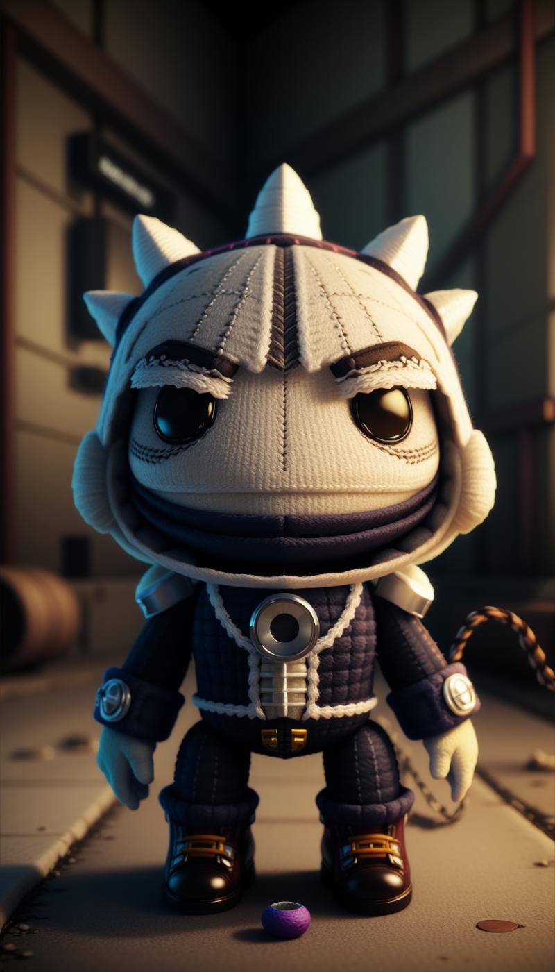 <lora:SackboyCharacterFlux:1> sackboy Garrus Vakarian from Mass Effect, laughing expression, woven, stitches, stitching, in a pose: Brooding: A face showing deep contemplative thought often with furrowed brows., in location inside a disused power plant