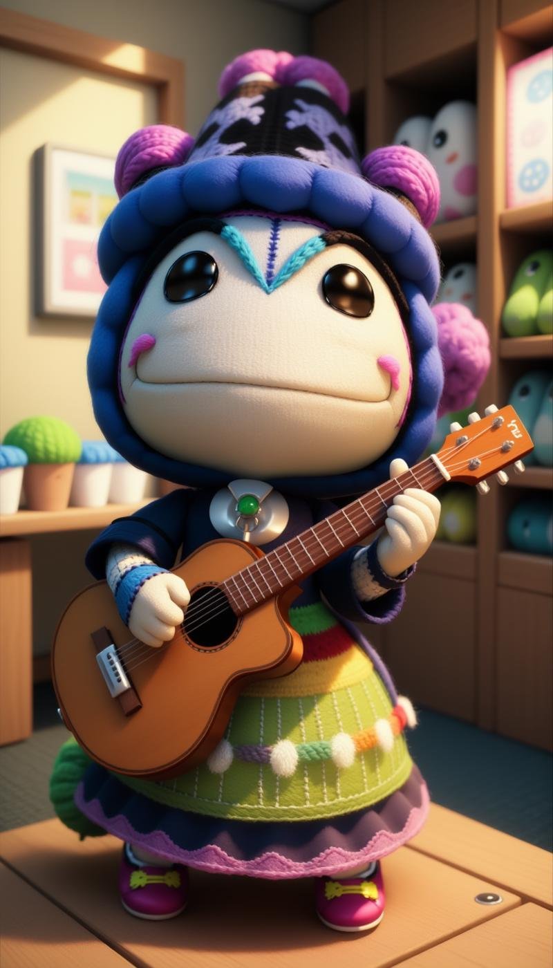 <lora:SackboyCharacterFlux:1> sackgirl Gloria the Hippo from Madagascar, happy expression, woven, stitches, stitching, in a pose: Holding a guitar, strumming the strings with feeling, in location doctors office