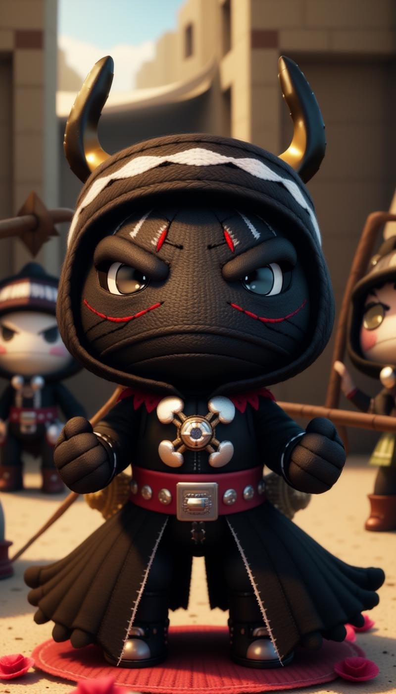 <lora:SackboyCharacterFlux:1> sackboy Kylo Ren from Star Wars, angry expression, woven, stitches, stitching, in a pose: Crossed Fingers, in location tournament training ground, sparring dummies, knights honing their skills, dedication and discipline