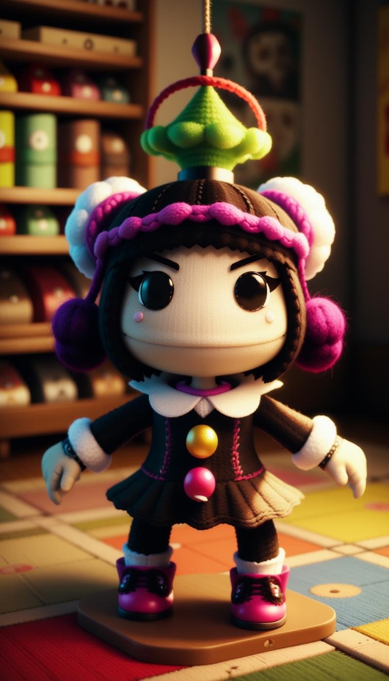 <lora:SackboyCharacterFlux:1> sackbaby Polly Gray from Peaky Blinders, scared expression, woven, stitches, stitching, in a pose: Twirling around with arms extended., in location game room, the game room features a brightly colored, patterned carpet and a variety of board games, including classics like monopoly and scrabble