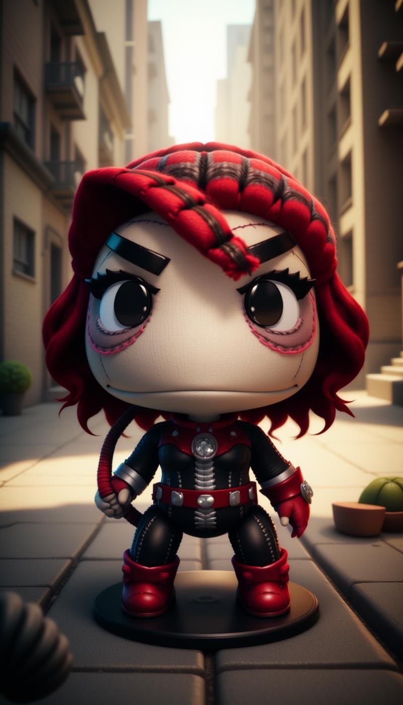 <lora:SackboyCharacterFlux:1> sackbaby Natasha Romanoff (Black Widow) from Marvel Comics, scared expression, woven, stitches, stitching, in a pose: hair toss, tossing hair back, creating a dramatic and enticing effect, in location Ruined city