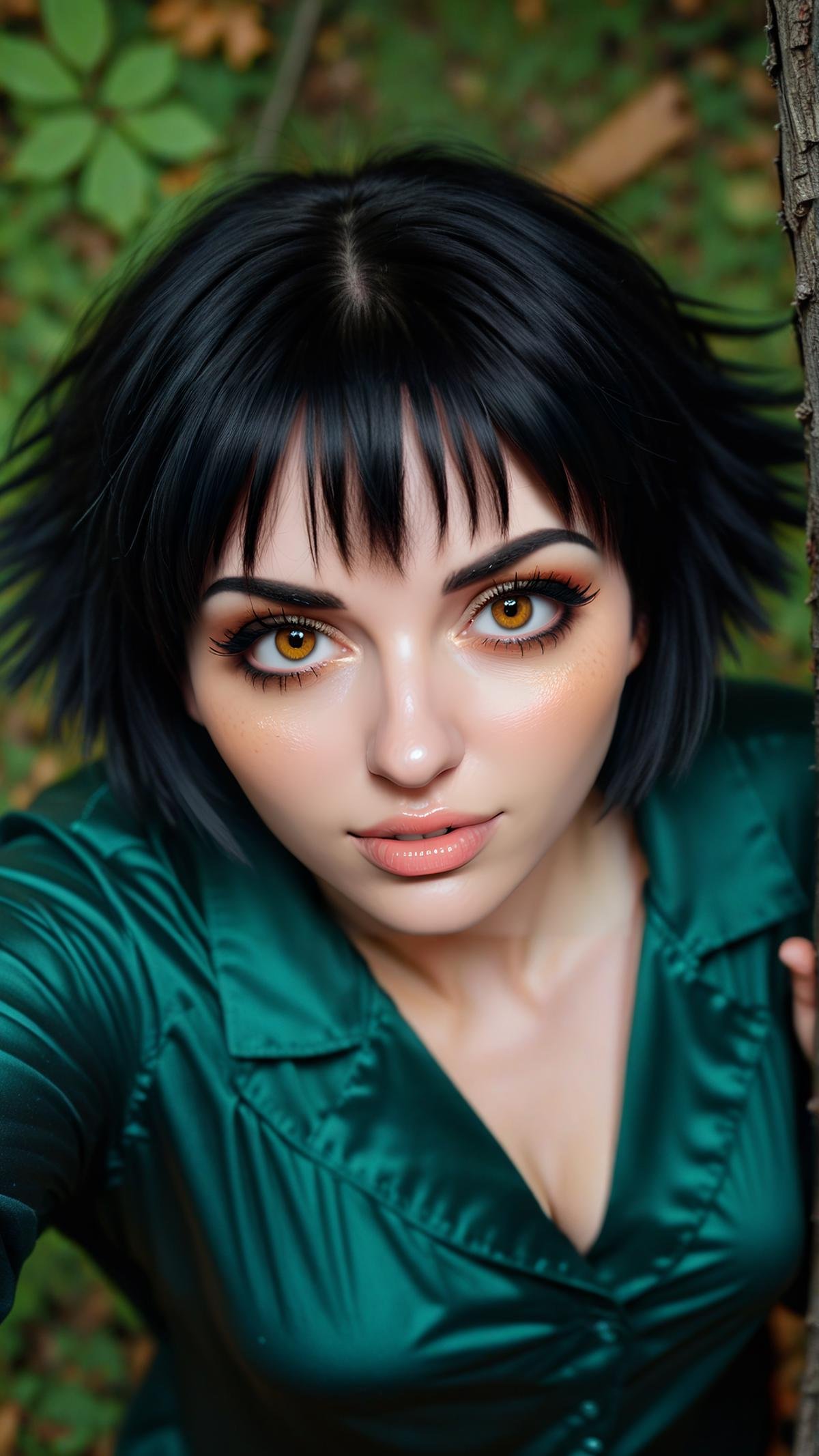 (She is in a enchanted forest clearing location.:1), doing a envious expression. from above Doing Public speaking.c45u4l4de, 1girl, (happy:0.6), (cute:0.8), solo, black messy short hair, bangs, left eye is (green:0.25), right eye is (orange red:0.25), heterochromia eyes, medium breasts. She is wearing pajamas clothes.<lora:DMCLadySDXL:0.6>