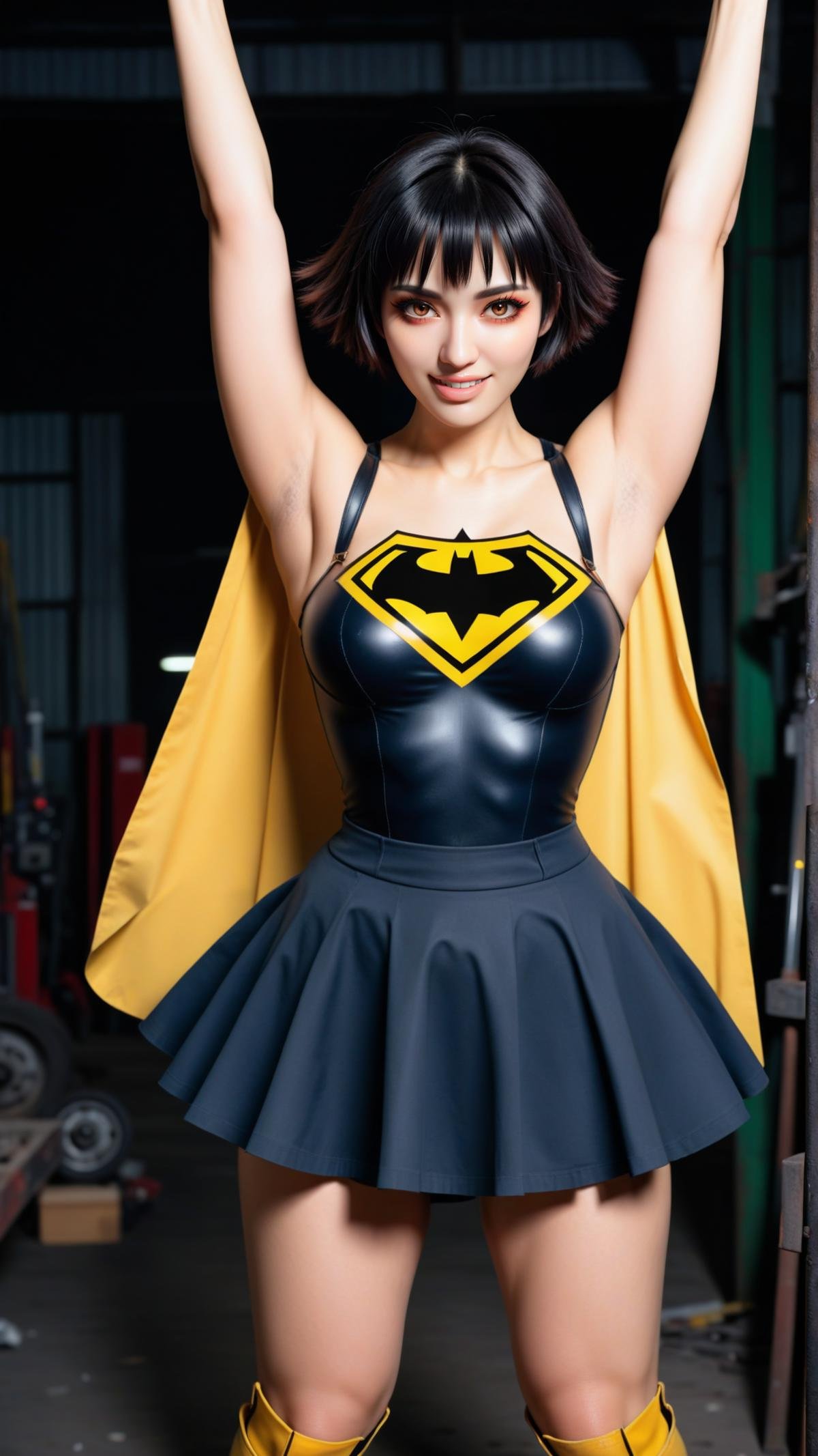 (She is in a mechanical workshop location.:1), doing a withdrawn expression. (full body shot:0.6) Flying superhero pose with arms extended forward.c45u4l4de, 1girl, (happy:0.6), (cute:0.8), solo, black messy short hair, bangs, small breasts. She is wearing skirt clothes.<lora:DMCLadySDXL:0.8>