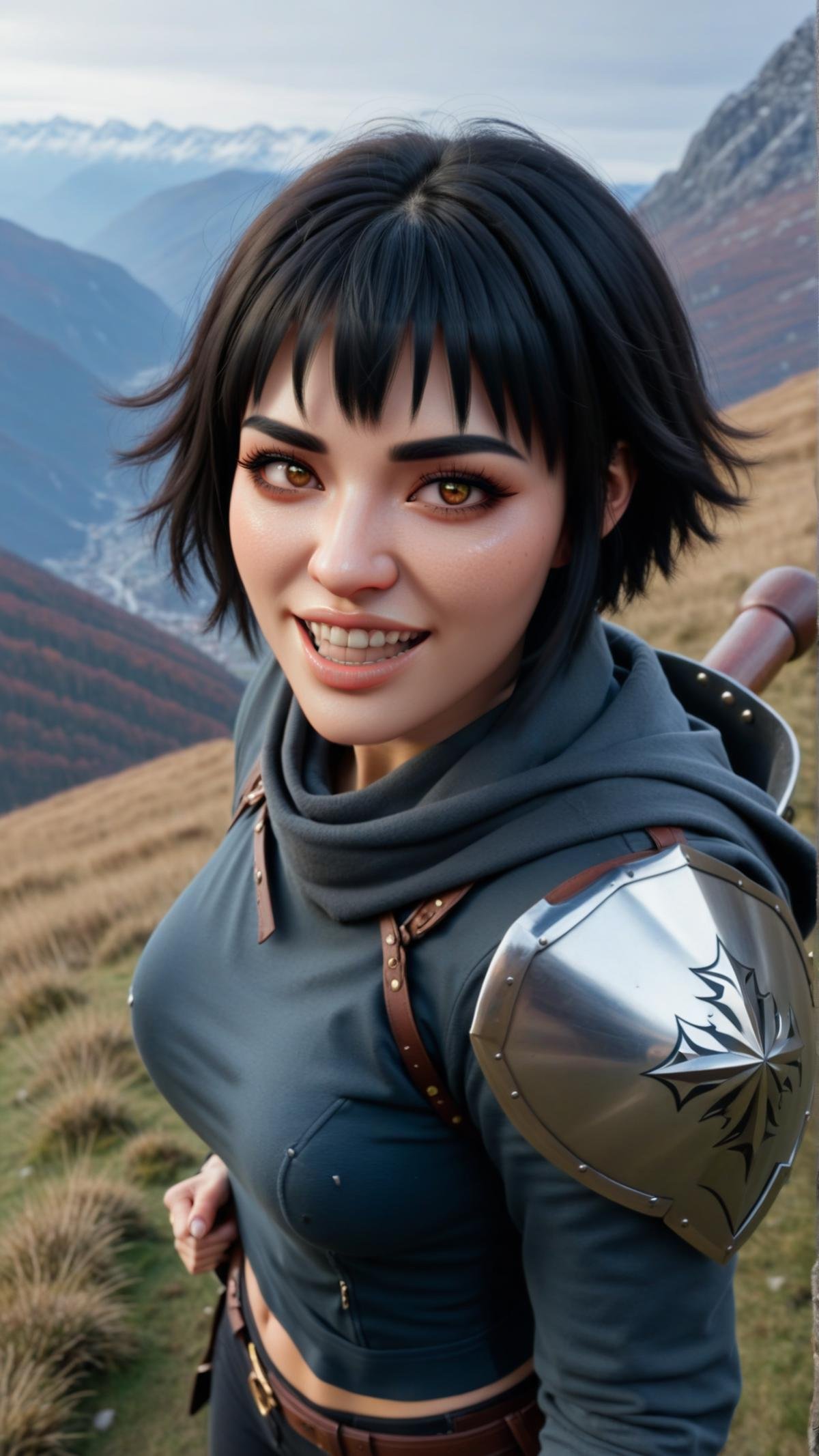 (She is in a mountains location.:1), doing a stupid expression. from above Standing with a shield in one hand and a mace in the other.c45u4l4de, 1girl, (happy:0.6), (cute:0.8), solo, black messy short hair, bangs, medium breasts. She is wearing warm clothes.<lora:DMCLadySDXL:0.6>