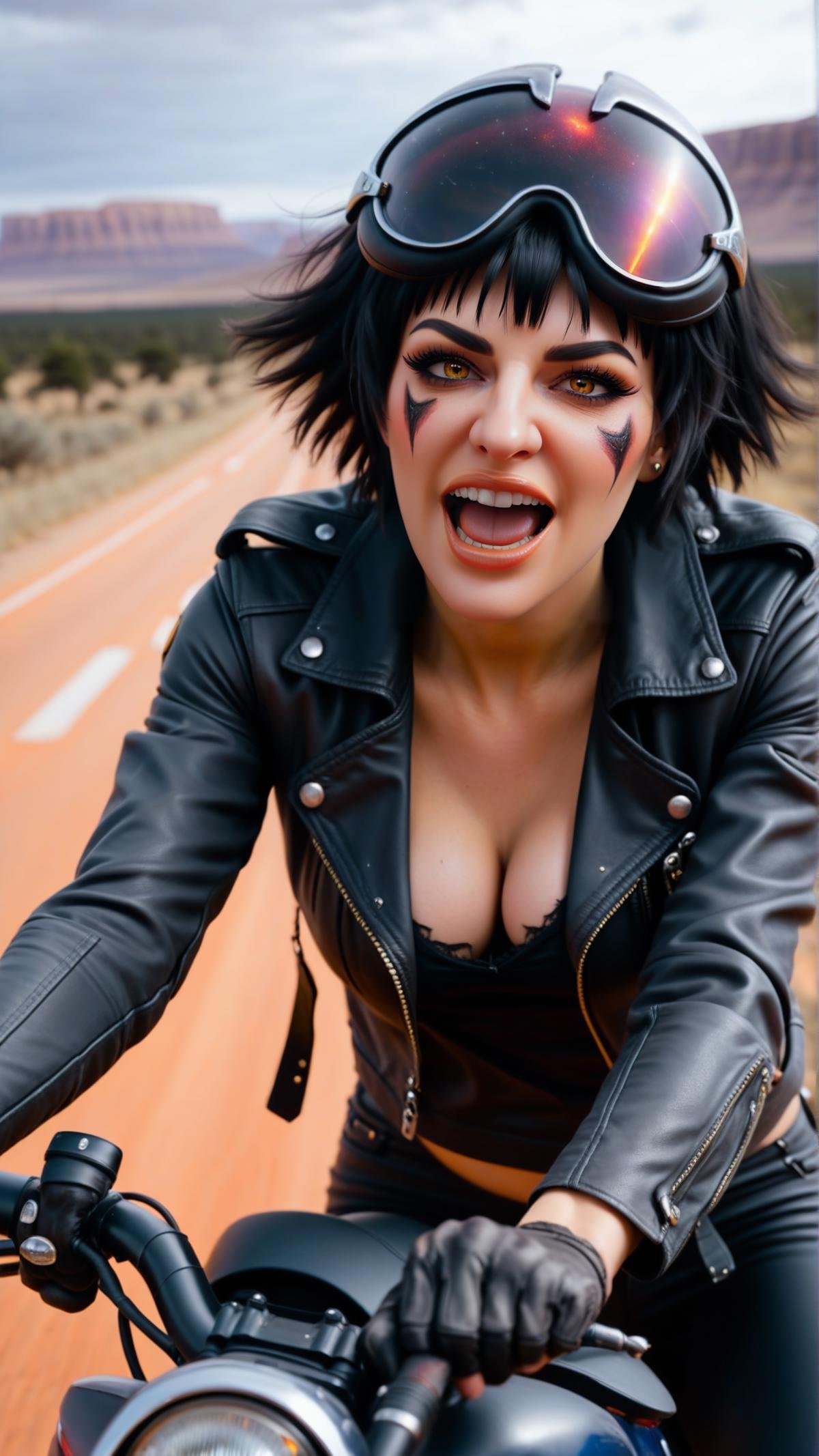 (She is in a galactic vortex location.:1), doing a grimace expression. (full body shot:0.6) Motorcycling.c45u4l4de, 1girl, (happy:0.6), (cute:0.8), solo, black messy short hair, bangs, small breasts. She is wearing casual clothes.<lora:DMCLadySDXL:0.8>