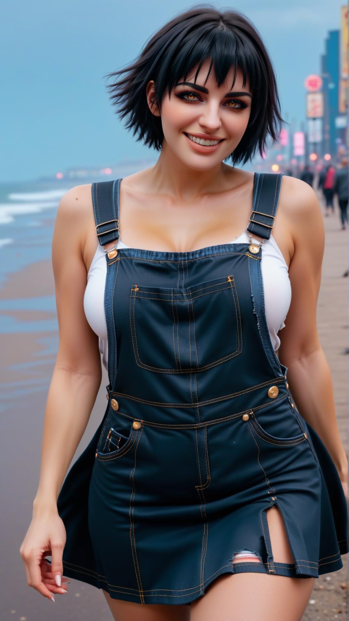 (She is in a electrified city location.:1), doing a happy expression. (full body shot:0.6) Analyzing.c45u4l4de, 1girl, (happy:0.6), (cute:0.8), solo, black messy short hair, bangs, large breasts. She is wearing Dungaree skirts and Surf suit clothes.<lora:DMCLadySDXL:0.5>