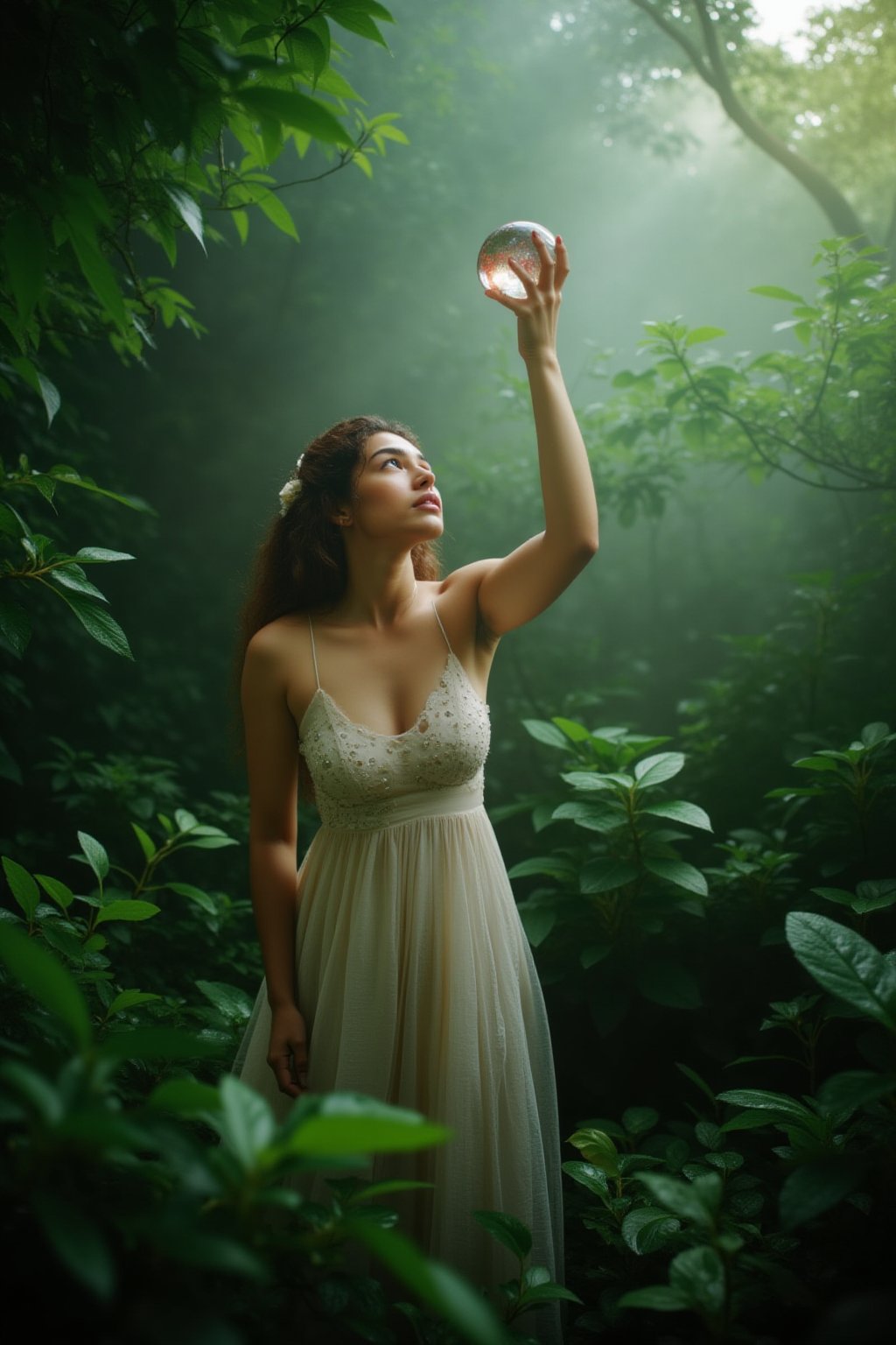 A serene and mystical scene unfolds: a crystal-wielding woman stands amidst a lush forest, her slender fingers grasping a glittering crystal orb. Soft, filtered sunlight casts dappled shadows on the forest floor, highlighting her gentle pose as she gazes upward, the crystal's facets reflecting the hues of the surrounding foliage.