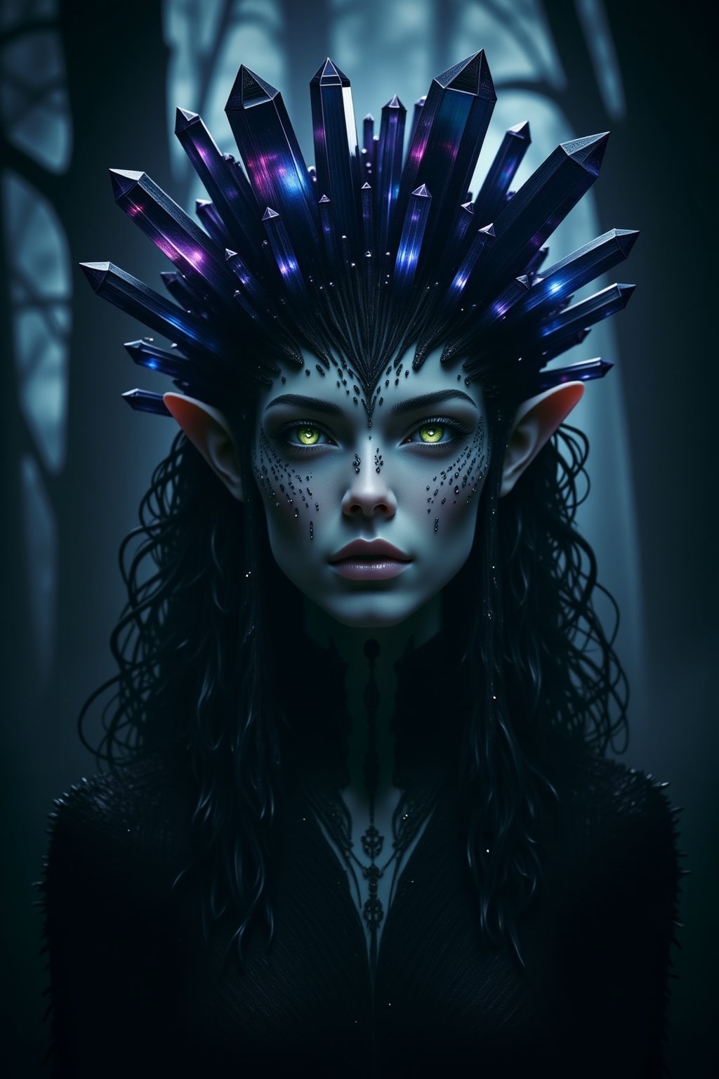 A dark and ethereal portrait of an elf in which her pale skin contrasts with the gloom that surrounds her. Her almond-shaped eyes, a deep and mysterious green, shine with an aura of ancient magic and hidden power. Her face is framed by strands of dark, almost black hair that fall in soft waves,
highlighting its delicate but imposing beauty. He wears a crown of dark, sharp crystals that seem to grow directly from his skull, radiating a cold, spectral glow. The crystals glow with a dark light, reflecting flashes of deep blue, purple, and black, as if imbued with forbidden magic.
Shadows cling to his figure, enhancing the atmosphere of mystery, while ancient marks and runes appear subtly on his skin, emitting a hidden energy. The background is composed of hazy shadows and diffuse shapes, as if the world is fading around them, focusing only on their imposing and disturbing presence.
The atmosphere is haunting and mystical, with a sense of latent danger emanating from its powerful presence,crystalz