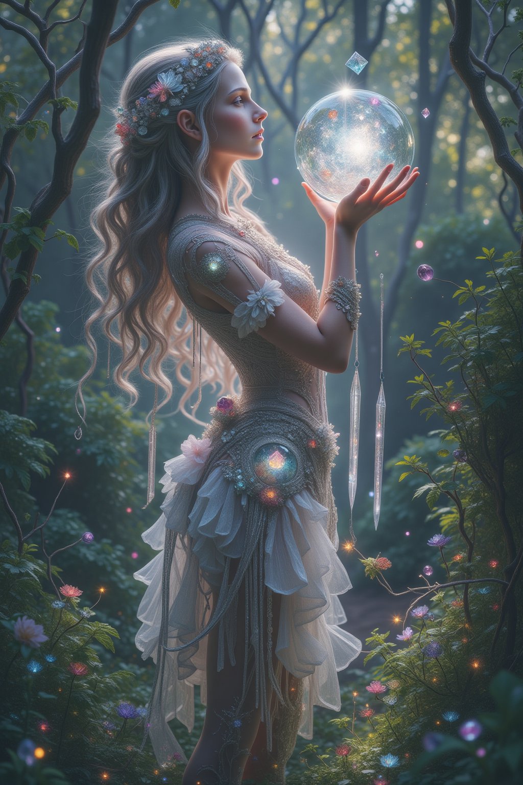 A serene and mystical scene unfolds: a crystal-wielding woman stands amidst a lush forest, her slender fingers grasping a glittering crystal orb. Soft, filtered sunlight casts dappled shadows on the forest floor, highlighting her gentle pose as she gazes upward, the crystal's facets reflecting the hues of the surrounding foliage.