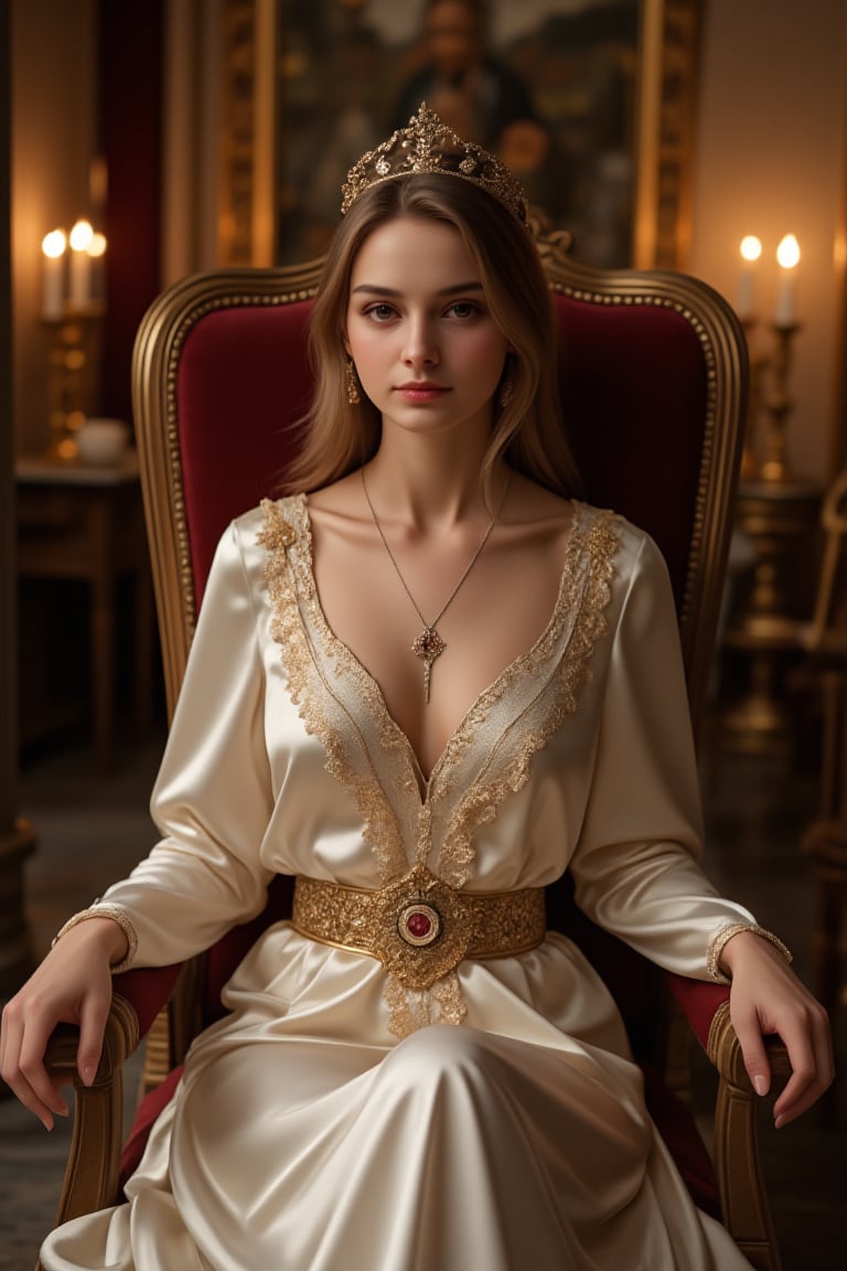 A regal portrait of a young woman, dressed in a flowing, lace-trimmed gown and crown, sitting on a velvet throne, surrounded by opulent drapery. Soft, golden light illuminates her face, with the subtle glow of candles in the background. Her hands rest delicately on the armrests, exuding poise and confidence.