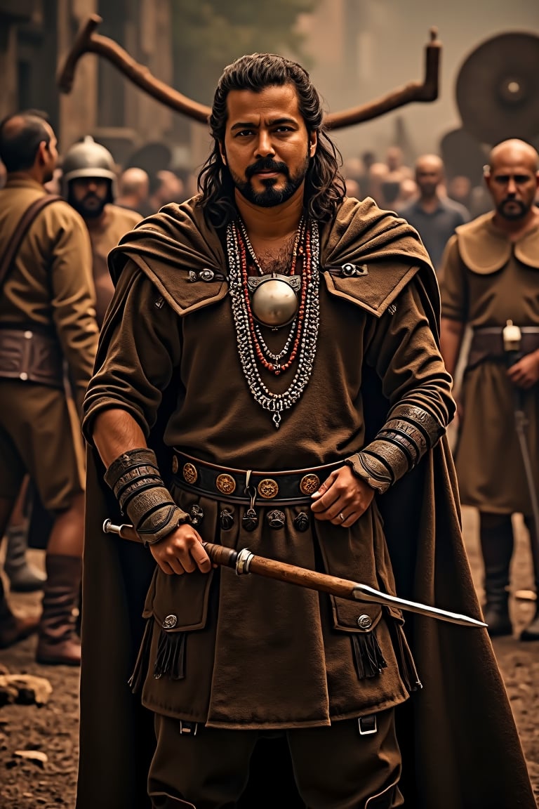 master vijay dressed in Iron Age attire, centrally placed with a direct gaze at the camera. The background features iron-age furnaces and early military technology. Position master vijay's head and shoulders in the center with appropriate proportions