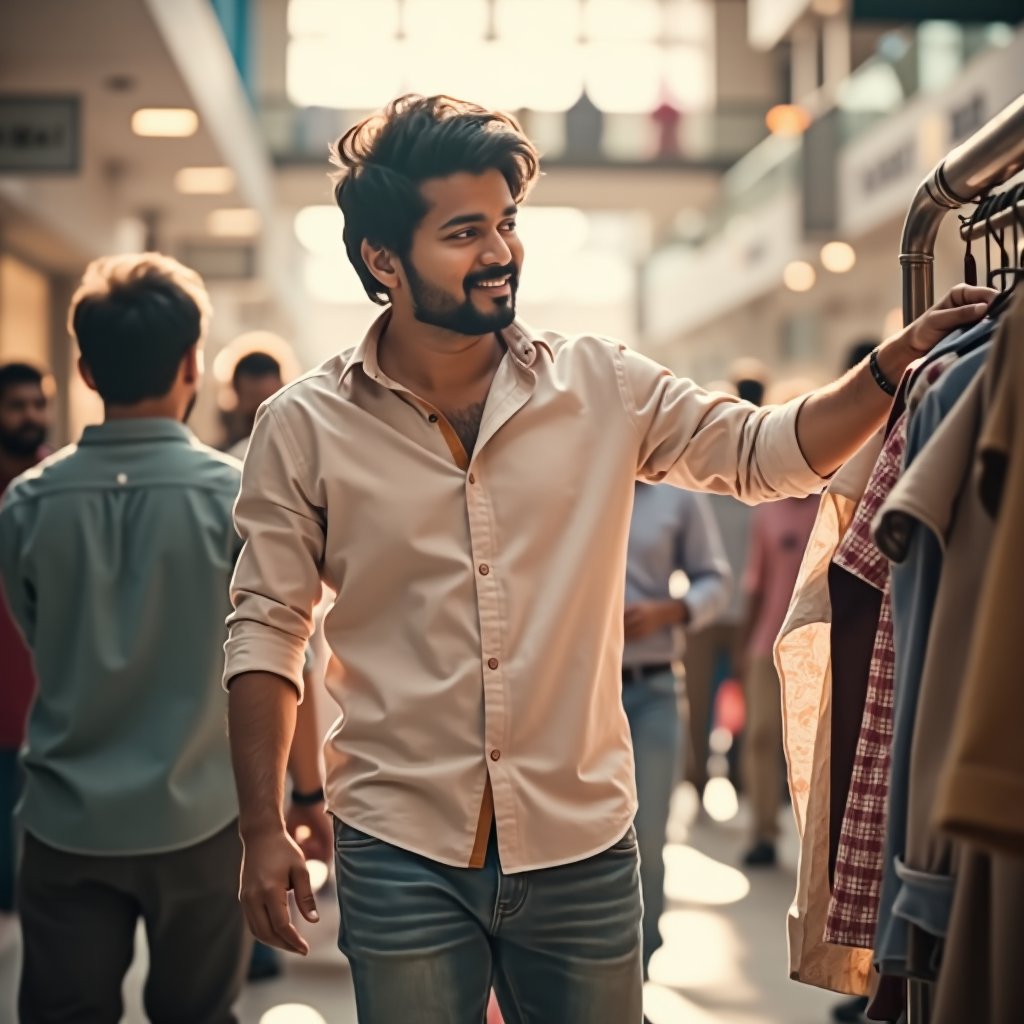 master vijay, dressed casually in a white shirt and jeans, walks into a bustling mall, his eyes scanning the store displays as he searches for a specific item. Natural light pours in through the large windows, casting a warm glow on his face. He pauses by a rack of shirts, his hands instinctively reaching out to touch the fabric. The camera captures his candid expression, a mix of focus and distraction, as he takes in the sights and sounds of the busy mall