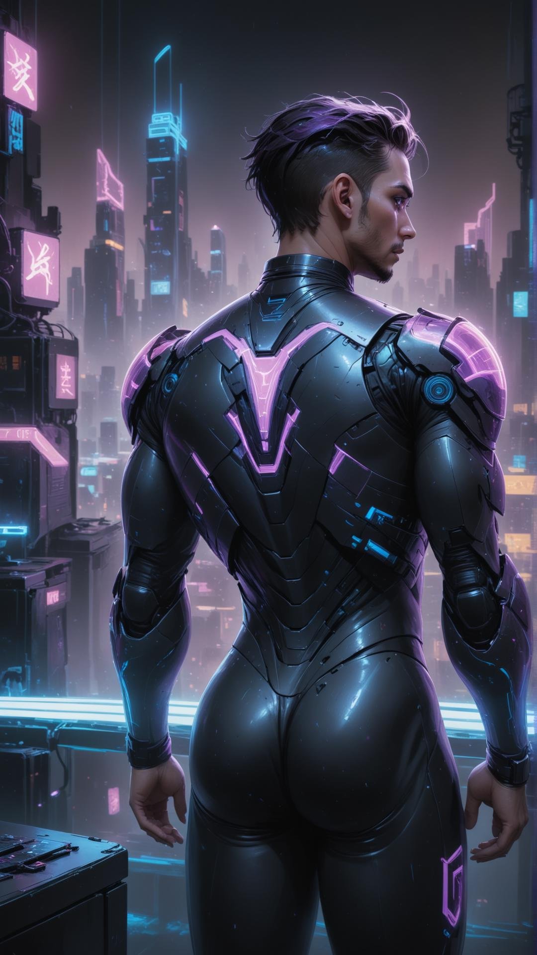 A male ballet dancer, backstage in a cyberpunk city, preparing for a performance. The atmosphere is filled with anticipation and excitement. The dancer is wearing a sleek bodysuit with intricate, glowing circuitry patterns. He is stretching, focused and determined. The flickering lights of the cityscape can be seen through the window, hinting at the eternal nature of performance and the passing of time. The color palette is a mix of neon blues, purples, and pinks, with pops of silver metallics. The overall mood is one of focused energy and the impending thrill of the performance.