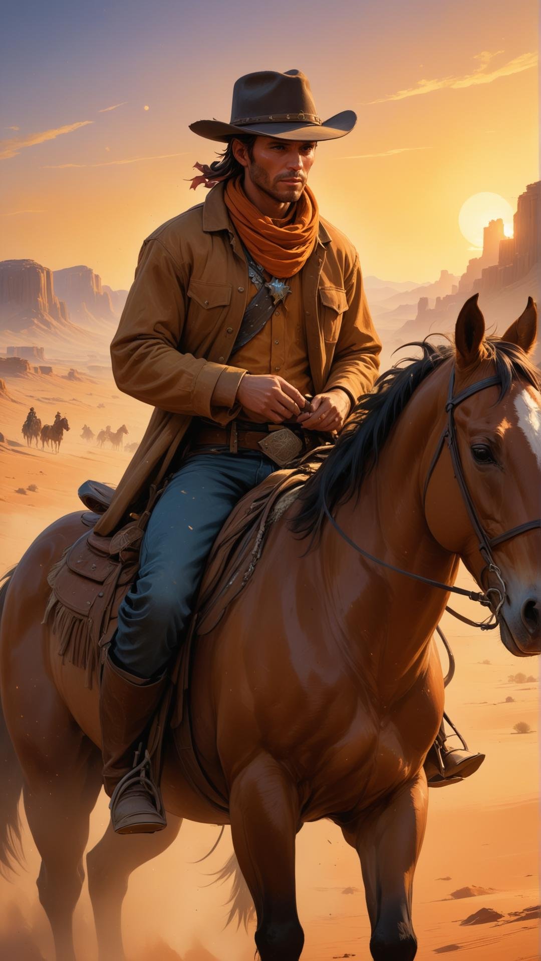 Cowboy riding a horse through a dusty Wild West town at sunset, with glowing geometric shapes in the background, vibrant orange and yellow colors, dynamic composition, horse and cowboy in sharp focus, detailed textures, cinematic lighting, rugged cowboy, horse with a galloping motion, town buildings in the backdrop, dust and shadows, high-resolution, epic atmosphere, dramatic sky, intricate details, vivid colors, detailed background, masterpiece.