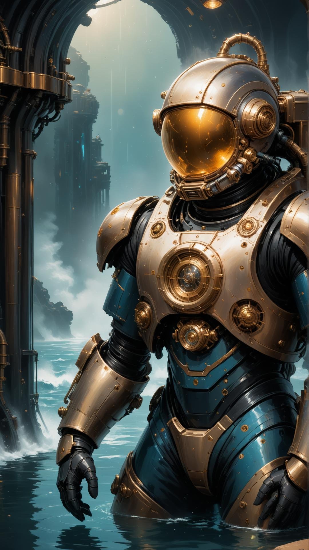 An astronaut standing in front of a glowing, steampunk-inspired wishing well, Time-travel motifs, Dreamy atmosphere, Astronaut in full spacesuit, Helmet off revealing a tired but determined face, Golden sands and blue sky in the background, Soft, warm light, Muted colors, Golden and copper accents on the well, Pensive pose, Hand resting on the well, Reflections in the water, Ornate and intricate design on the well, Mystical elements, Glowing runes, Steam and gears, A sense of wonder, Adventure, Fantasy, Dreamlike quality, Highly detailed, Crisp and clear.