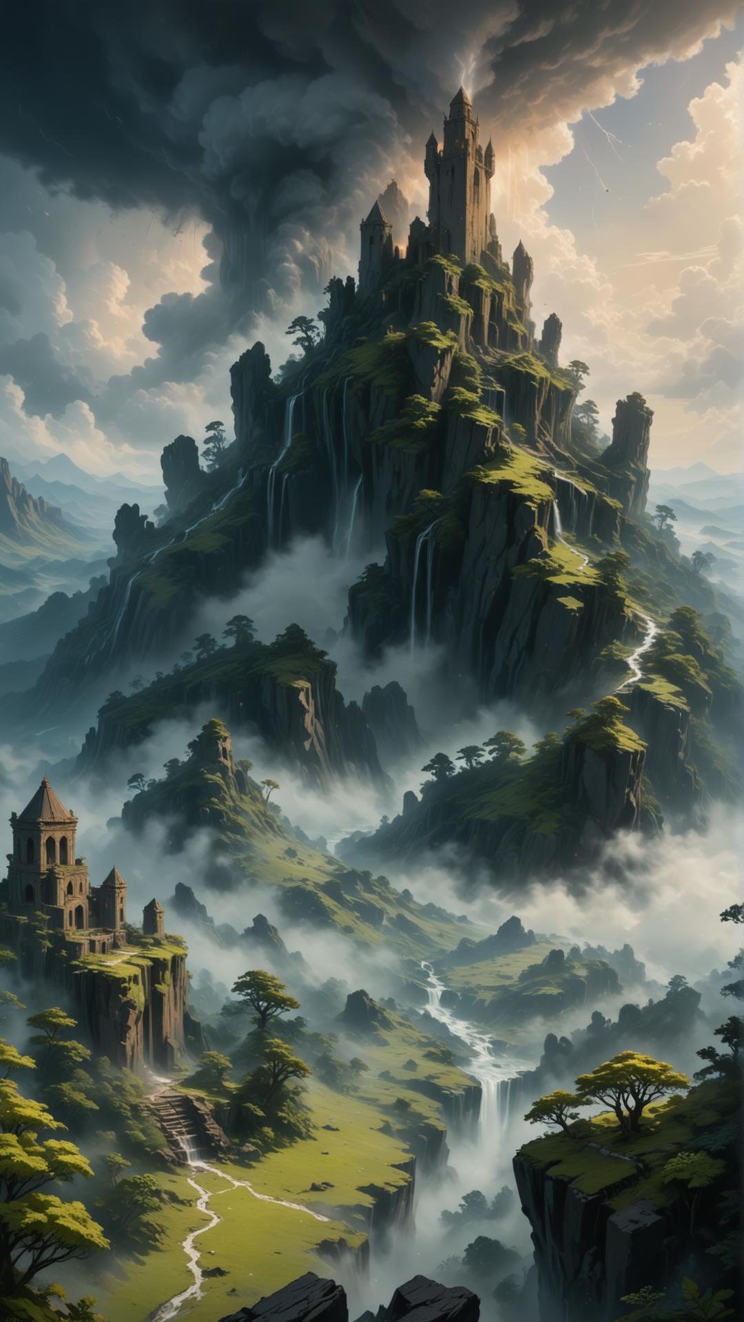 Mysterious, ancient, towering mountain, covered in mist, Whispers of the past in the form of swirling, glowing mist, Rich colors, Chiaroscuro lighting, Mythological atmosphere, Overgrown ruins in the foreground, Large, dramatic, ominous clouds, Thunderstorm in the distance, Soft grass and moss on the ground