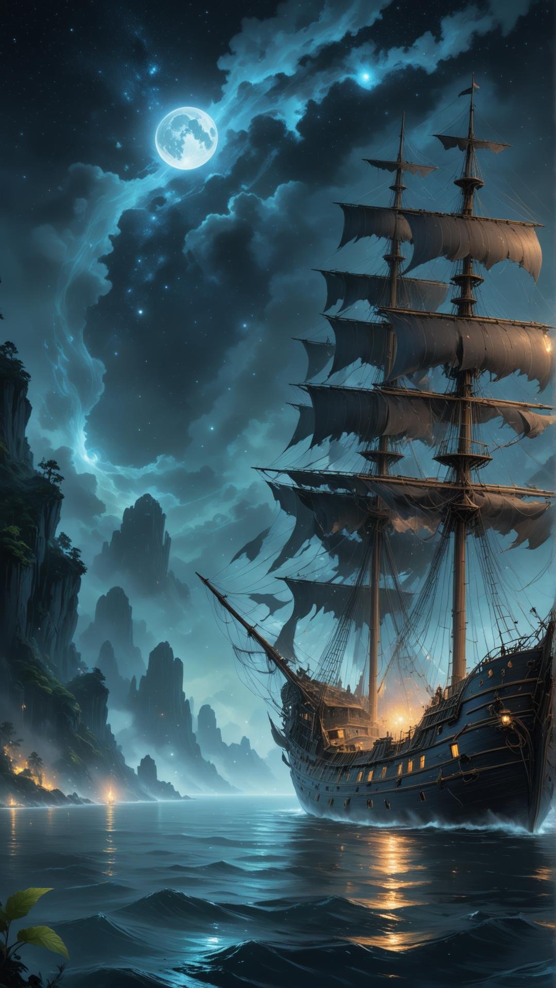 A ghostly ship, tall masts and tattered sails, glowing softly with an ethereal light, sailing through a star-filled twilight sky, with a lush enchanted forest in the background, full of glowing, mystical flora, creating a surreal and magical atmosphere.