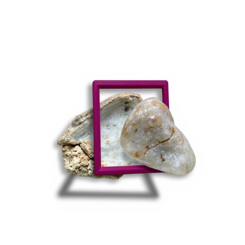 Moonstone breaking the frame, Pink frame on a white background. With a drop shadow.