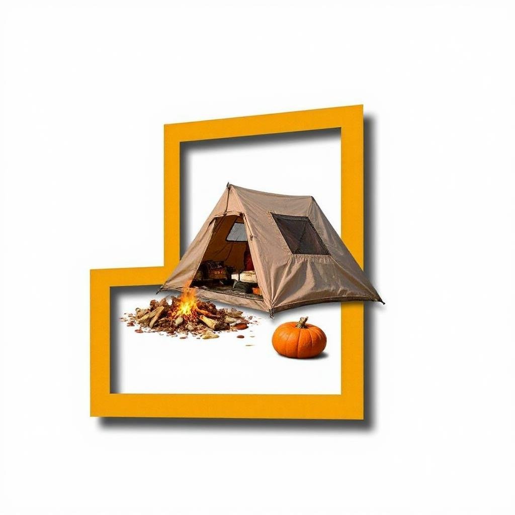 Camping breaking the frame, yellow (orange:0.8) frame on a white background. With a drop shadow.