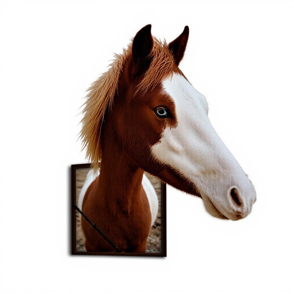 Horse breaking the frame, Brown frame on a white background. With a drop shadow.