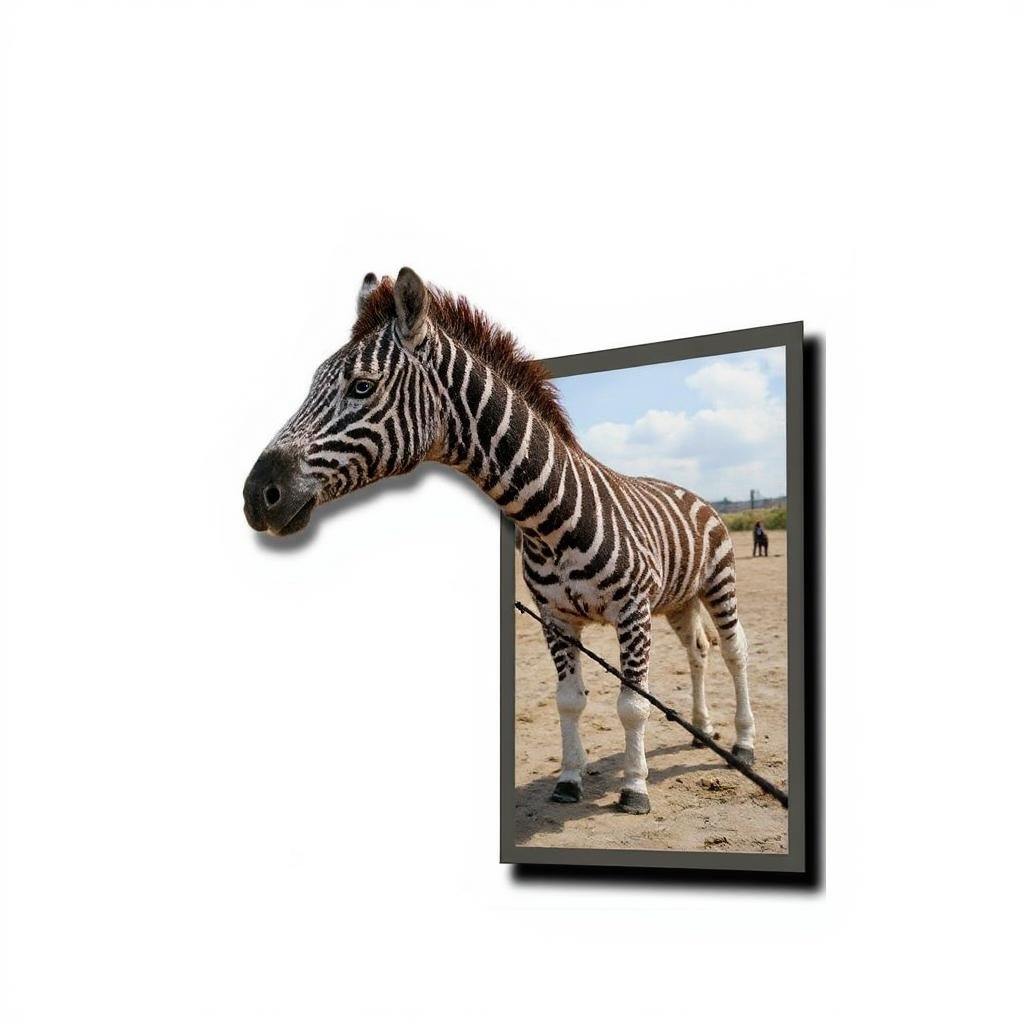 Zebra breaking the frame, Gray frame on a white background. With a drop shadow.