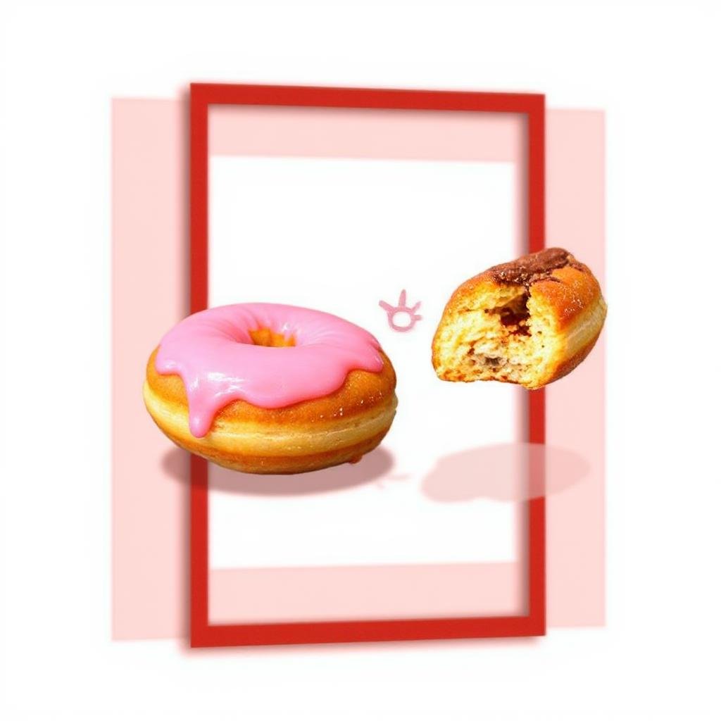 Donut breaking the frame, Red frame on a white background. With a drop shadow.