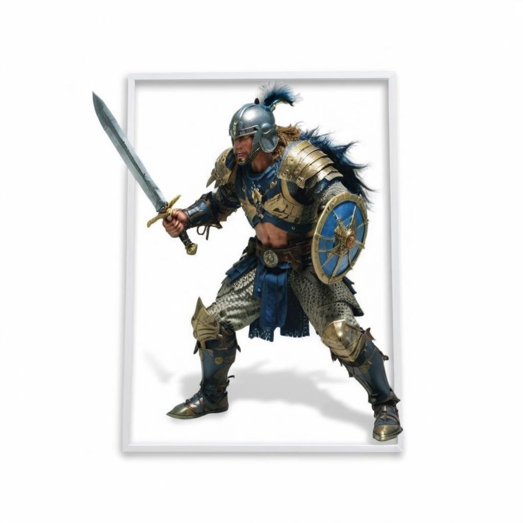 <lora:BreakingTheFrameSDXL:0.8> warrior (breaking the frame:1.3), BREAKBright Navy frame, white background