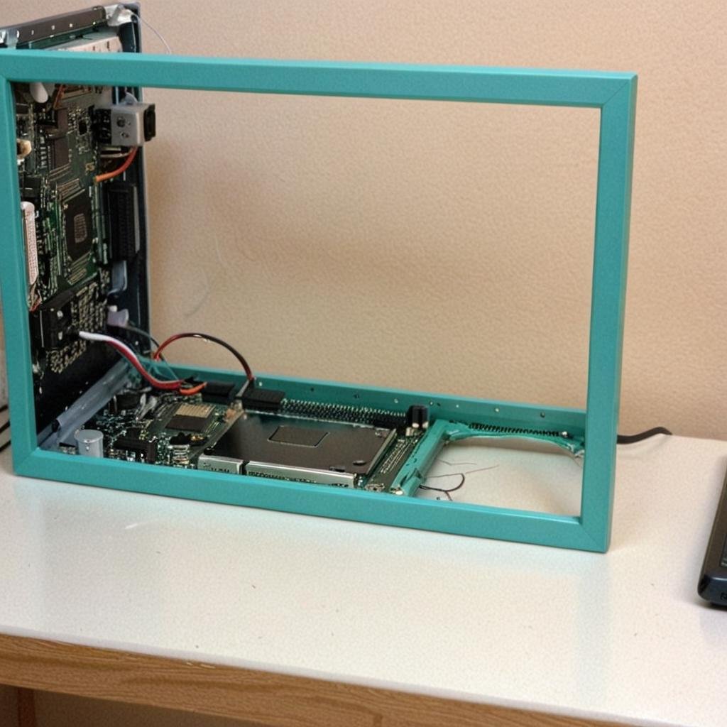 <lora:BreakingTheFrameSDXL:0.8> computer (breaking the frame:1.3), BREAKturquoise frame