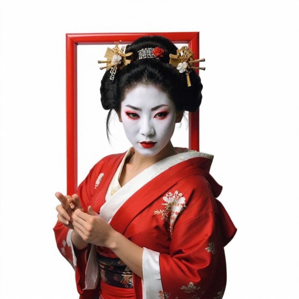 <lora:BreakingTheFrameSDXL:0.8> geisha (breaking the frame:1.3), BREAKRose Red frame, white background