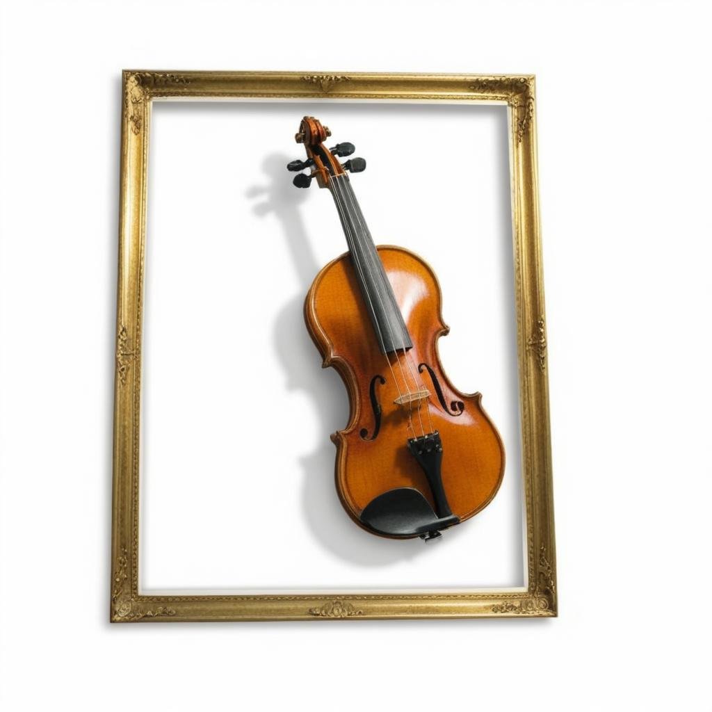 <lora:BreakingTheFrameSDXL:0.7> Violin BREAK (breaking the frame:1.5), BREAKGold frame, white background, shadow