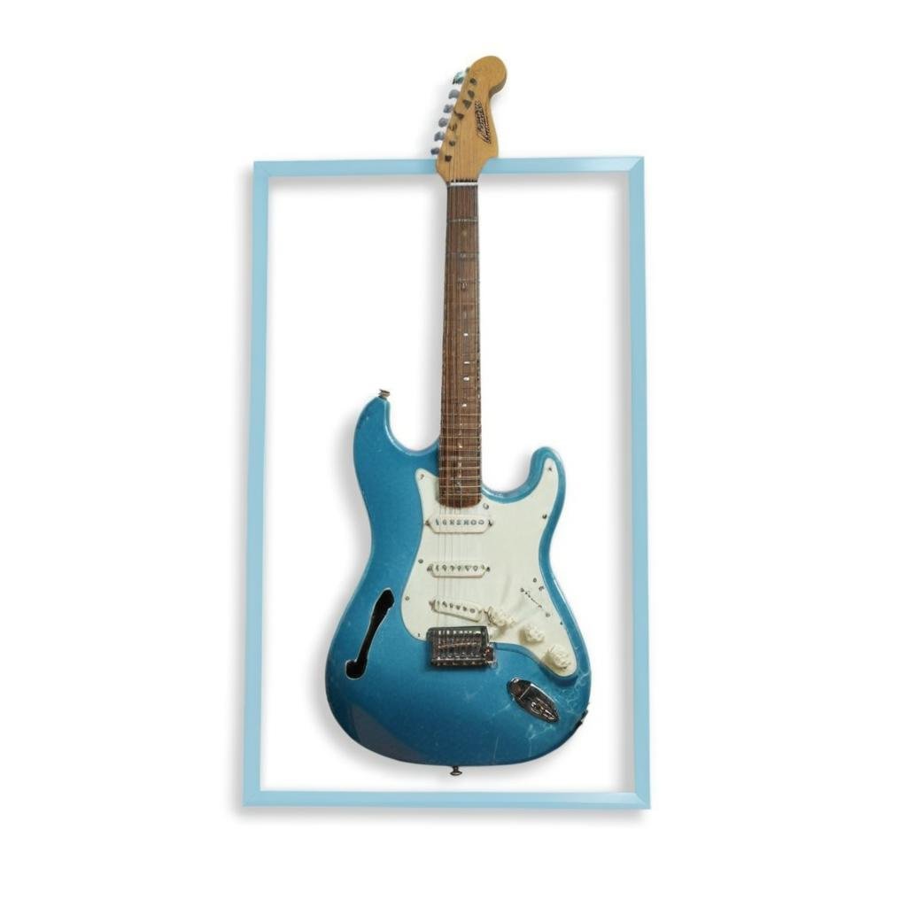 <lora:BreakingTheFrameSDXL:0.8> guitar (breaking the frame:1.3), BREAKlight blue frame, white background