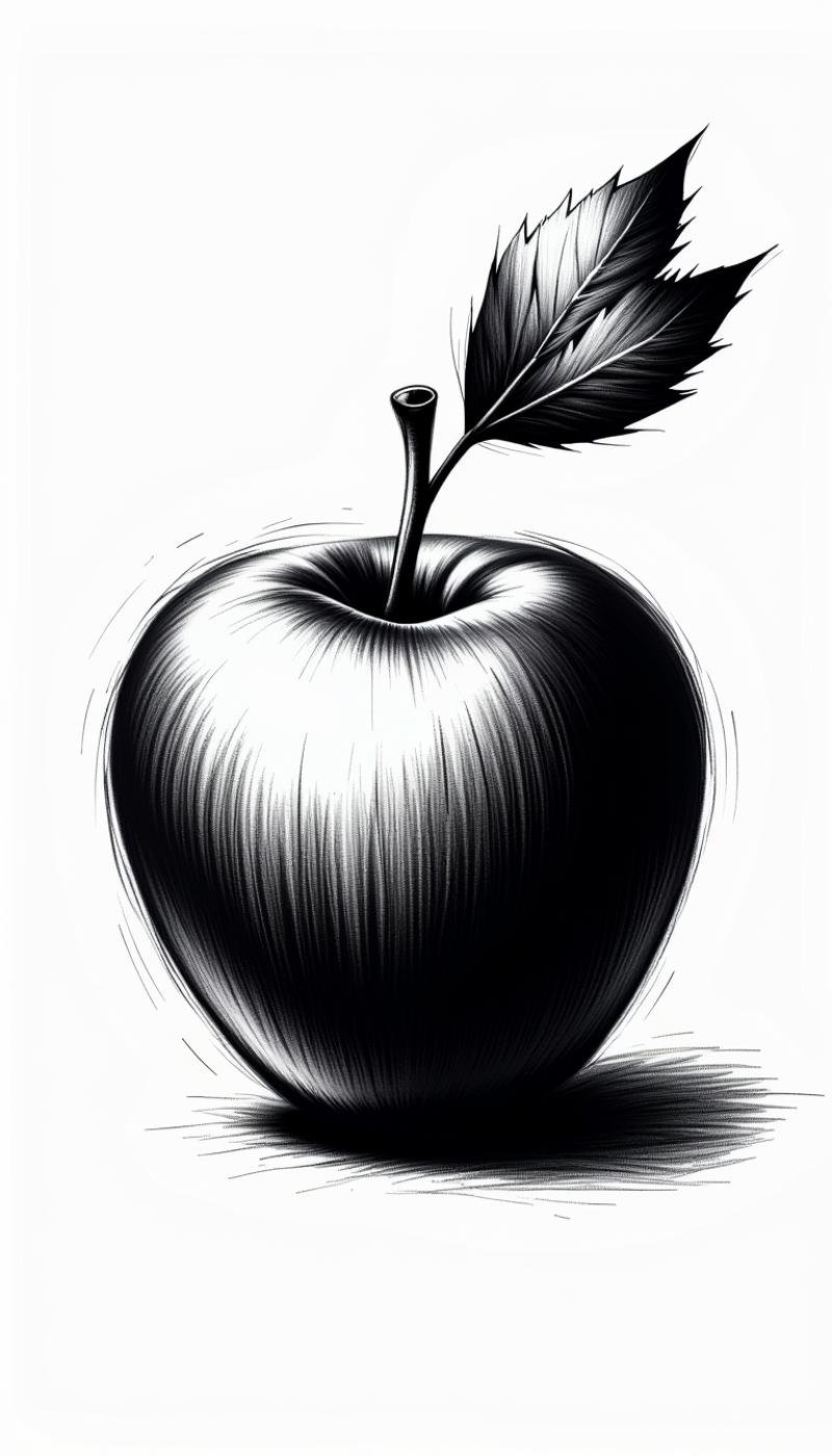 <lora:DarkCharcoalFlux:0.75>A monochrome dark charcoal drawing. A sketchy, rough and messy drawing of apple, black and white